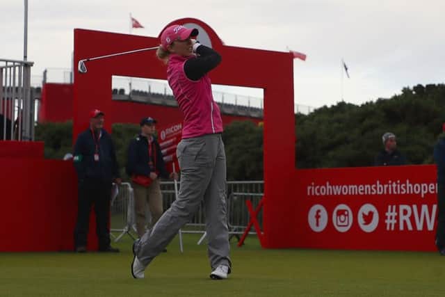Sally Watson tees off on the first hole during day one of the Ricoh Women's British Open at Kingsbarns. Picture: Getty Images