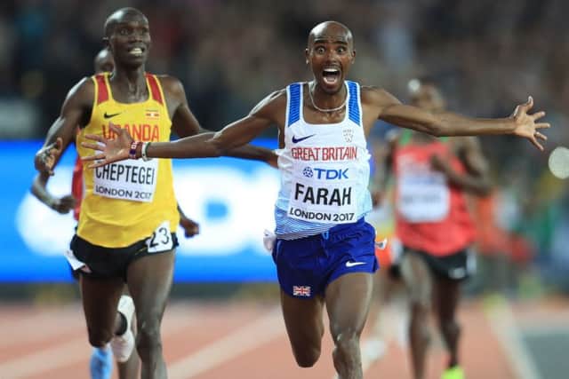 Mo Farah celebrates taking gold in the 10,000m at the world championships at the London Stadium. Picture: Adam Davy/PA Wire