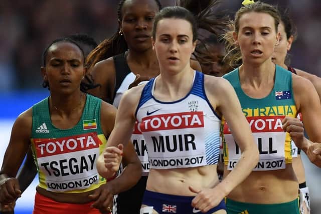 Laura Muir negotiates her 1,500 metres heat in London last night. Picture: Getty.