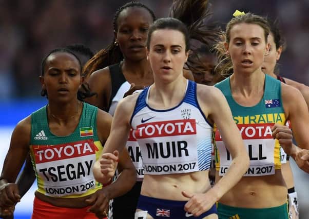 Laura Muir negotiates her 1,500 metres heat in London last night. Picture: Getty.