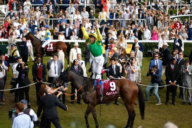 Frankie Dettori leaps from Lancelot Du Lac at Goodwood. Photograph: Paul Harding/PA