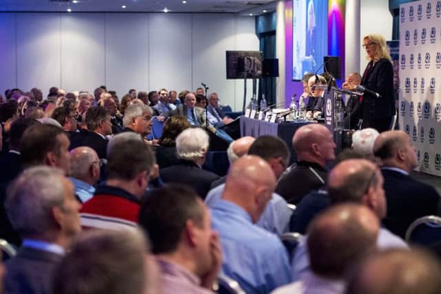 Scottish Rugby director Lesley Thomson addresses the floor at yesterdays annual general meeting at BT Murrayfield. Photograph: Paul Devlin/SNS/SRU