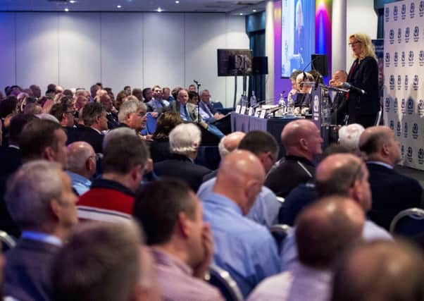 Scottish Rugby director Lesley Thomson addresses the floor at yesterdays annual general meeting at BT Murrayfield. Photograph: Paul Devlin/SNS/SRU