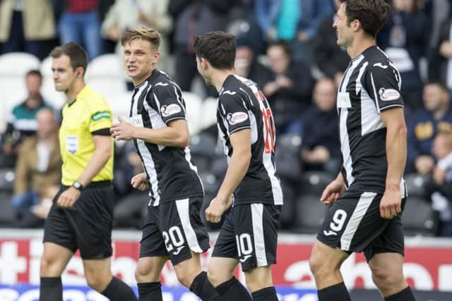 St Mirren's Gavin Reilly (left) celebrates after his goal. Picture: SNS/Bruce White