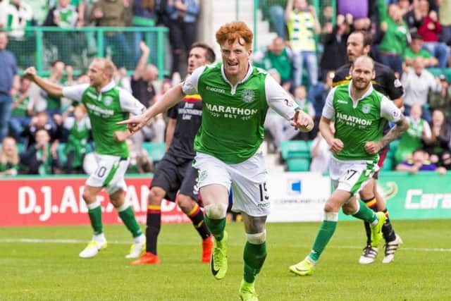 Simon Murray celebrates scoring a penalty for Hibs against Partick. Picture: Paul Devlin/SNS