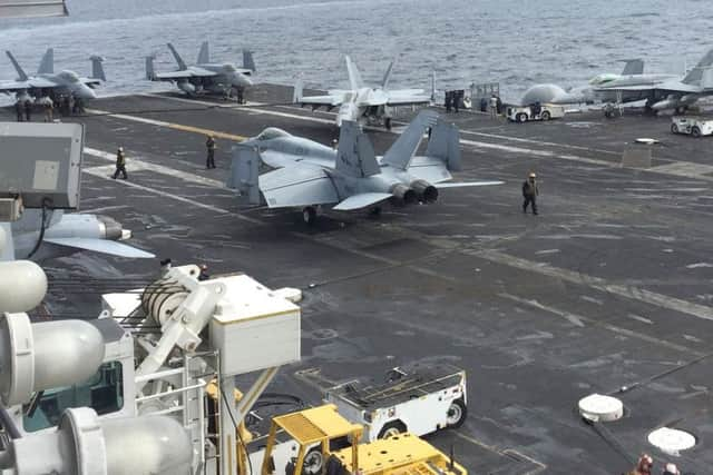 F-18 jets on the flight deck of the US Navy aircraft carrier USS George H.W. Bush off the coast of Scotland. Picture: PA