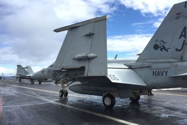 An F-18 jet on the flight deck of the USS George H.W. Bush during Exercise Saxon Warrior. Picture: PA