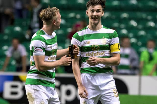 Celtic's captain for the night Kieran Tierney celebrates with Calvin Miller at full time. Picture: Alan Harvey/SNS