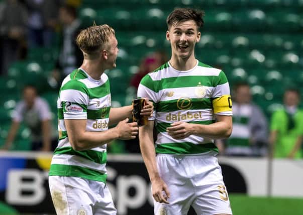 Celtic's captain for the night Kieran Tierney celebrates with Calvin Miller at full time. Picture: Alan Harvey/SNS