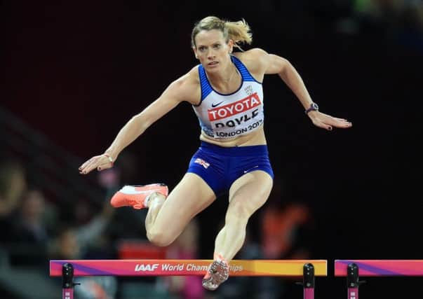 Eilidh Doyle clears a barrier on her way to third place in her 400m hurdles semi-final and qualification for the final as a fastest loser. Picture: Adam Davy/PA Wire