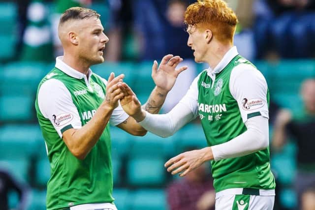Simon Murray, right, celebrates Hibs' second goal with Anthony Stokes. Picture: Roddy Scott/SNS