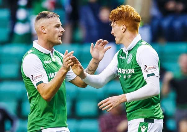 Simon Murray, right, celebrates Hibs' second goal with Anthony Stokes. Picture: Roddy Scott/SNS