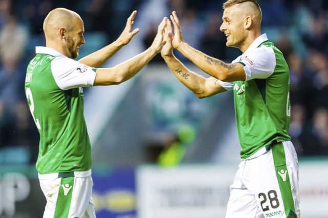 Anthony Stokes, right, celebrates a goal for Hibs against Ayr with David Gray. Picture: Roddy Scott/SNS