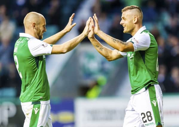 Anthony Stokes, right, celebrates a goal for Hibs against Ayr with David Gray. Picture: Roddy Scott/SNS