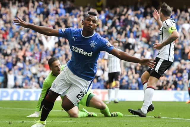 Rangers' Alfredo Morelos celebrates the first of his two goals against Dunfermline. Picture: John Devlin/SNS
