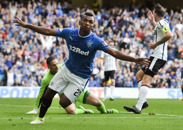 Rangers' Alfredo Morelos celebrates the first of his two goals against Dunfermline. Picture: John Devlin/SNS