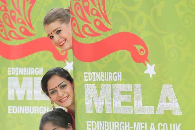 Launch of the Mela Festival 2015 at The Blue Drill Hall, Dalmeny Strett, Leith.  Charlotte Harris, Manisha Patel & Bhavna Mehta