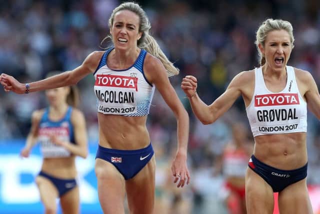 Eilish McColgan and Norway's Karoline Grovdal cross the line in the second heat of the womens 5000m. Picture: PA