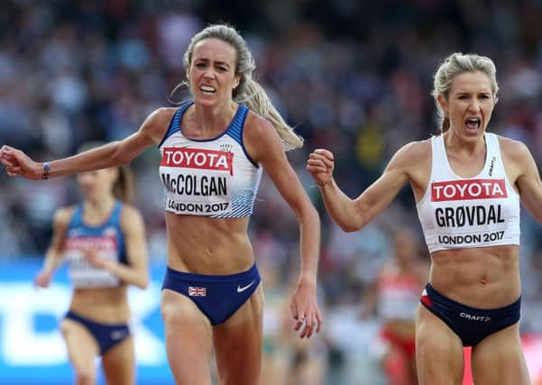 Eilish McColgan and Norway's Karoline Grovdal cross the line in the second heat of the womens 5000m. Picture: PA