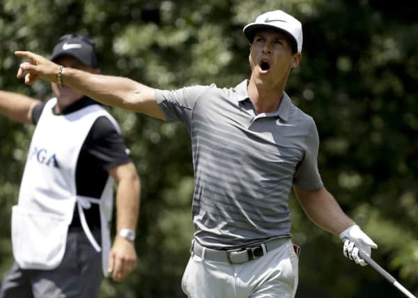 Joint leader Thorbjorn Olson reacts to his tee shot on the 16th hole during the first round of the US PGA at Quail Hollow. Picture: Chris O'Meara/AP