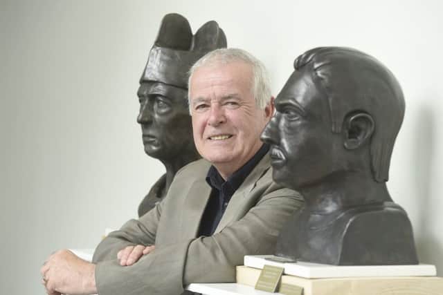 Hibs legend Pat Stanton alongside busts of Hibernian co-founder Canon Edward Hannan and Michael Whelahan, the club's first captain. Picture: Greg Macvean
