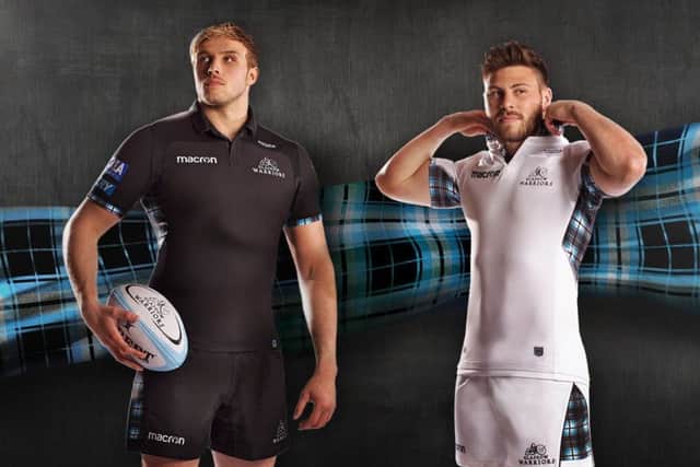 Ali Price and Jonny Gray model Glasgow Warriors new playing kit, which was launched yesterday. Picture: SRU.