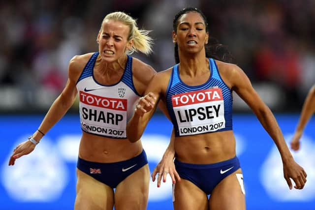 Lynsey Sharp and Charlene Lipsey of the United States battle at the finish line during the 800 metres semi finals at the World Athletics Championships.  Picture: Matthias Hangst/Getty Images