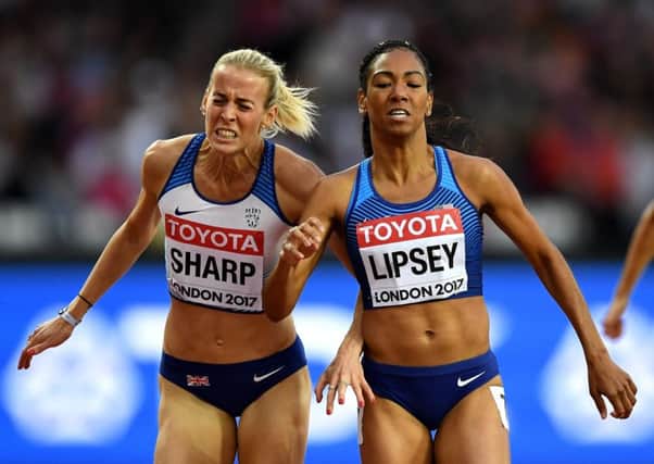Lynsey Sharp and Charlene Lipsey of the United States battle at the finish line during the 800 metres semi finals at the World Athletics Championships.  Picture: Matthias Hangst/Getty Images