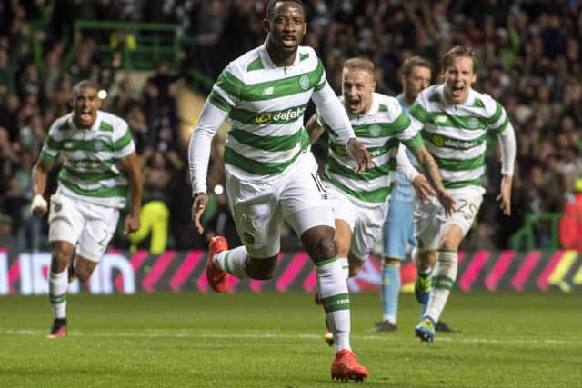 Celtics Moussa Dembele celebrates the penalty that beat Astana last August. Photograph: Rob Casey/SNS