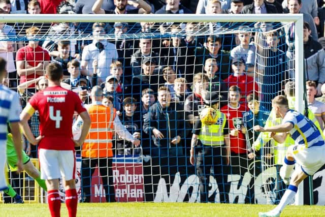 Michael Tidser scores from the penalty spot to make it 2-1 to Morton. Picture: SNS/Roddy Scott