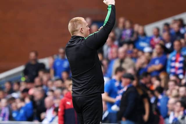 Hibernian head coach Neil Lennon celebrates Simon Murray's goal. Picture: SNS/Alan Harvey