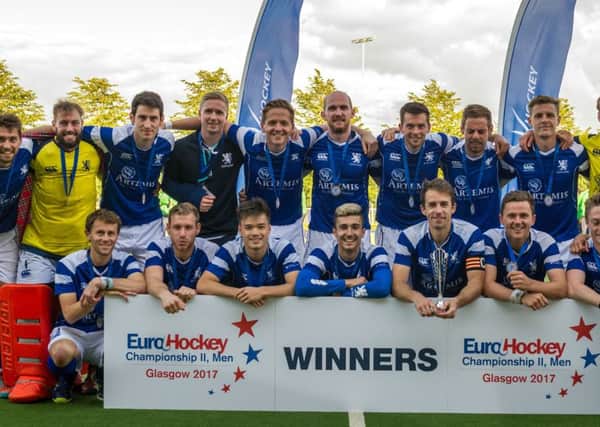 The Scotland squad are all smiles as they pose with their winners medals following yesterdays European Nations Championship II final victory over Wales at Glasgow Green. Photograph: Duncan Gray