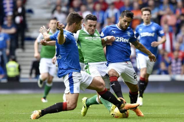 Hibernian's John McGinn holds off Rangers' Daniel Candeias. Picture: SNS/Rob Casey