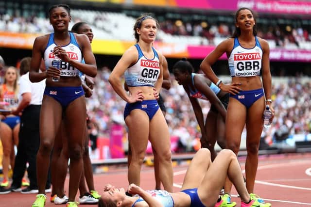Zoey Clark, centre, and her 4x400m relay team-mates Perri Shakes-Drayton, Laviai Nielsen and Emily Diamond qualified. Picture: Michael Steele/Getty Images