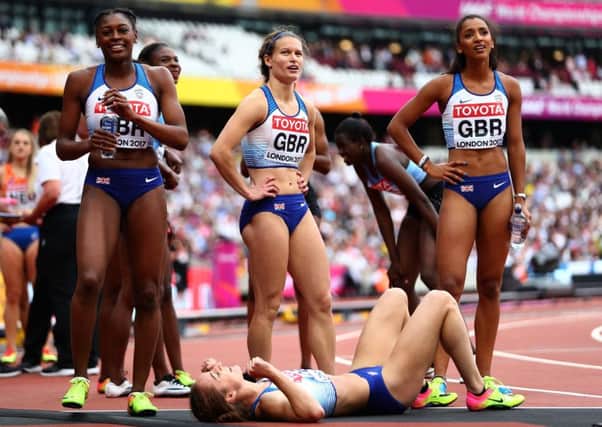 Zoey Clark, centre, and her 4x400m relay team-mates  Perri Shakes-Drayton, Laviai Nielsen and Emily Diamond qualified. Picture: Michael Steele/Getty Images