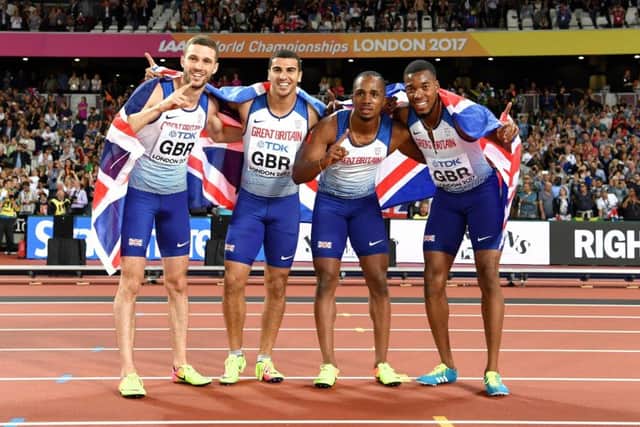 From left to right, British quartet Daniel Talbot, Adam Gemili, Nethaneel Mitchell-Blake and Chijindu Ujah celebrate their thrilling 4x100m relay success. Picture: Getty Images