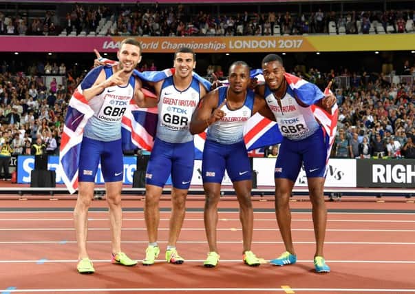 From left to right, British quartet Daniel Talbot, Adam Gemili, Nethaneel Mitchell-Blake and Chijindu Ujah celebrate their thrilling 4x100m relay success. Picture: Getty Images