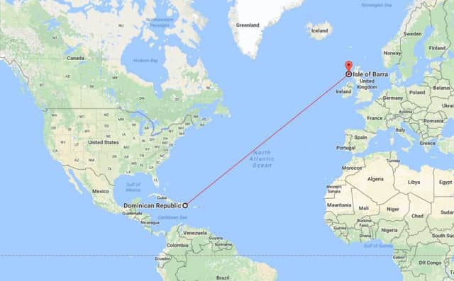 Map showing the route the bottle took, from the Dominican Republic to the west coast of Barra. Picture: Google Maps