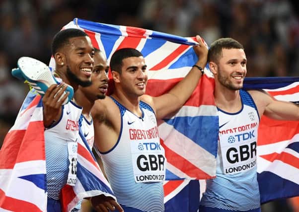 Britains gold medal-winning 100m mens relay team (l-r) Nethaneel Mitchell-Blake, Chijindu Ujah, Adam Gemili and Daniel Talbot. Picture: Getty.