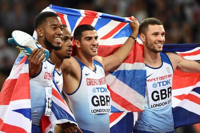 Britains gold medal-winning 100m mens relay team (l-r) Nethaneel Mitchell-Blake, Chijindu Ujah, Adam Gemili and Daniel Talbot. Picture: Getty.