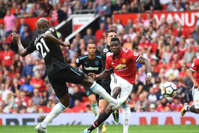 Paul Pogba scores Manchester United's fourth goal against West Ham. Picture: Getty.