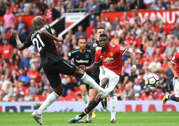 Paul Pogba scores Manchester United's fourth goal against West Ham. Picture: Getty.