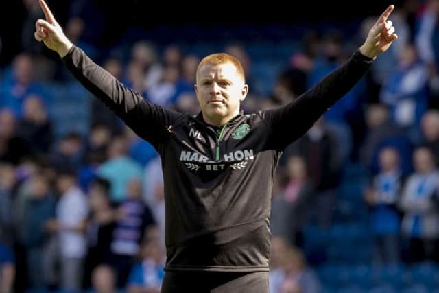 Hibernian head coach Neil Lennon celebrates at full time. Picture: SNS/Alan Harvey