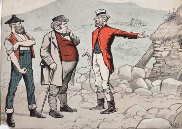 A Highlander facing evicition rolls up his sleeves as John Bull listens to the landlord explain his case in this satirical cartoon