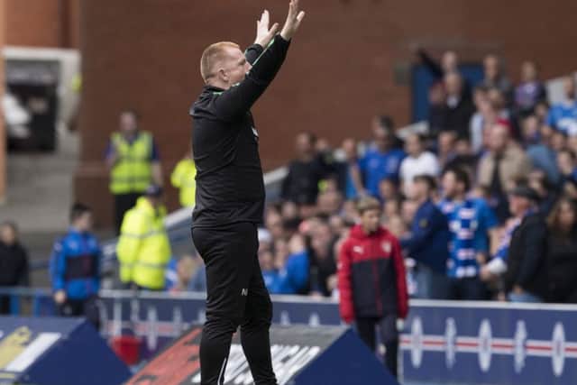 Hibernian head coach Neil Lennon celebrates his side's equaliser. Picture: SNS