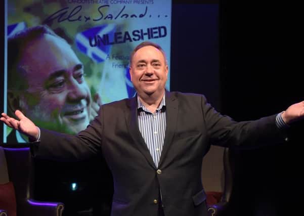 Former First Minister Alex Salmond on stage at the Assembly Rooms in Edinburgh. Picture: PA