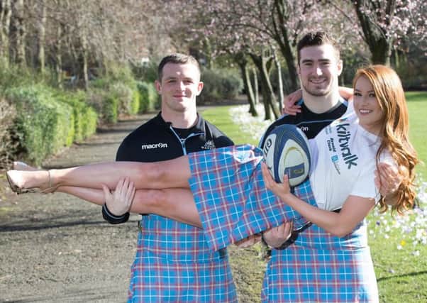 Glasgow Warriors centre Nick Grigg and hooker James Malcolm were joined by Lucy Kerr, the current Miss Scotland, at launch of Glasgow Kiltwalk. Picture: Mark Ferguson
