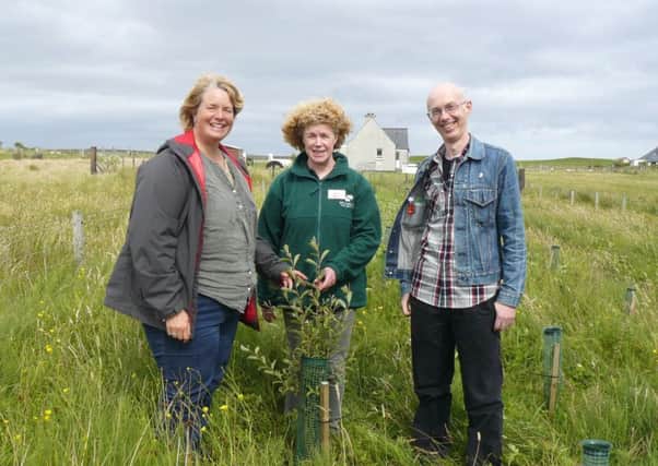 Woodland Trust chief executive Beccy Speight, left, with Croft Woodland project officer Viv Halcrow and Donald Macdonald, who has planted trees on his croft in Back. Picture: Contributed