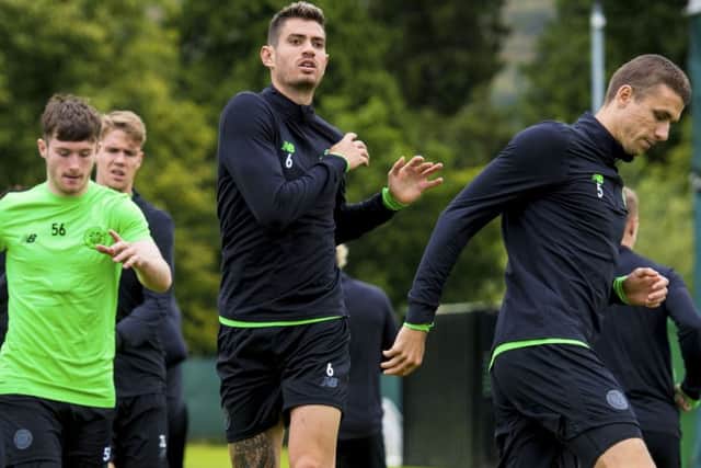 Nir Bitton, centre, in training at Lennoxtown ahead of Celtic's Champions League play-off against Astana.