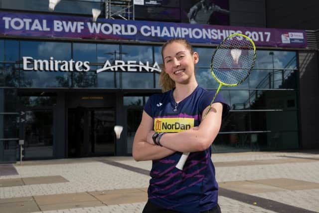 Kirsty Gilmour poses outside the Emirates Arena in Glasgow which will host the Badminton World Championships from 21-27 August. Picture: Jamie Williamson